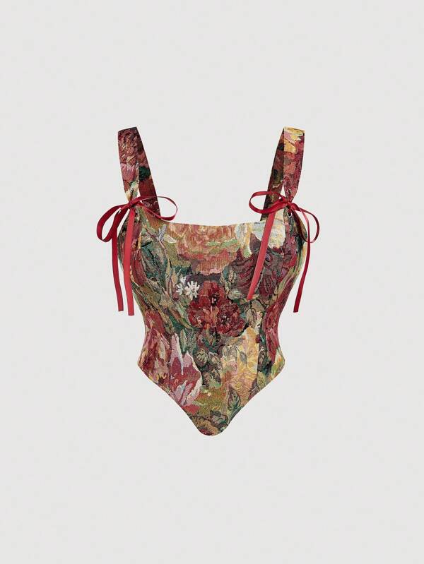 SHEIN MOD Retro Floral Vest With Front Lace Up And Leaky Back Lace Up, Corset Top, Winter Vest, Going Out Vest, Beach Wear For Women, Wear For Women, Party Wear For Women, New Year's Eve Wear