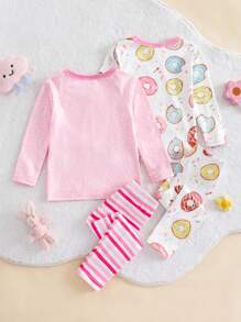 4pcs Baby Girl Cartoon Milk, Cookie, Striped Pattern Soft Comfortable Skin-Friendly Long Sleeve Top And Pants Snug Fit Pajama Set Graphic Fall Winter - Multicolor - View 2
