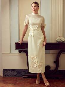 ZEYLAH 女式纯色立领短袖优雅花卉拼布中长连衣裙 - 杏色 - 查看 3