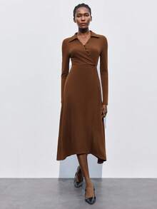Maija Vestido de manga larga con dobladillo asimétrico color caramelo, otoño 2025, tonos de marrón, elegante, atuendo moderno urbano para oficina, fiesta de Navidad, Acción de Gracias y citas para mujeres - Café integral - Ver 4