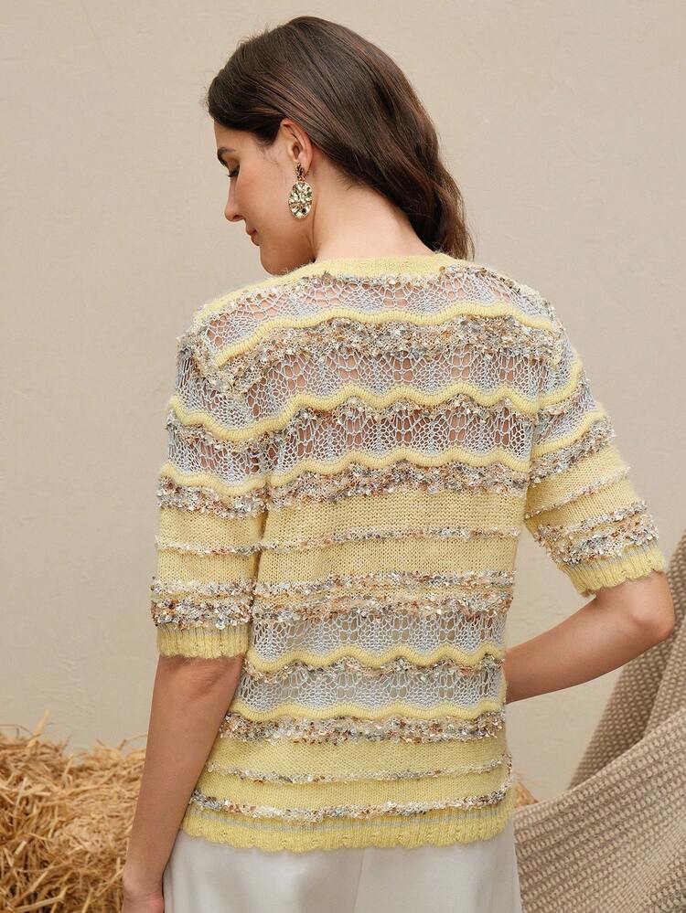 Women's Fashion Hollow Out Design Casual Knit Sweater