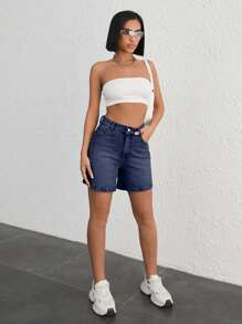 EURMUSE WOMEN VINTAGE WASH HIGH WAIST DENIM SHORT Y2K STYLE - Dark Wash - View 5