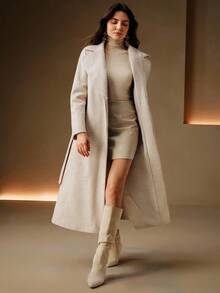 Anewsta 女式长翻领可拆卸仿毛领收腰休闲夹棉羊毛大衣，秋冬时尚 - 米色 - 查看 6