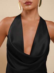COSMINA Women's Solid Color Plunging Neckline Backless Fashionable Sexy Draped Neck Camisole,Sexy Top