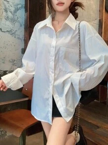 DAZY 女士纯色翻领镂空蝴蝶结韩版长袖衬衫，秋装 - 白色 - 查看 6
