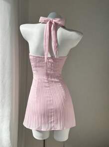 SHEIN Unity 女式夏季休闲时尚网眼面料前扣装饰吊带蝴蝶结迷你连衣裙 - 粉色 - 查看 2