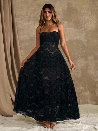 Roveilla Plus Size Women's Black Spaghetti Strap Sexy Sheer Dress