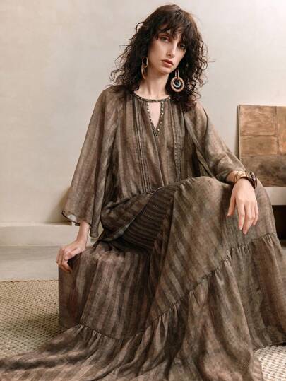 Arave Women's Chiffon Striped Pleated Loose Casual Keyhole Neck Blouse, Braided Sequins Decor, Long Sleeve, Embroidery, Back To School,Teacher For Women,Going Out Tops Women,Fall Women,Flowy Top,Fall Women,Embroidered Top,Festival Top,Vacation Women,Boho Women,Fall Women,Modest Tops,Nashville Breezy Checks Season Casual Spring