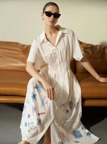 Aveloria Modichic 女士短袖宽松腰褶下摆海洋元素刺绣印花连衣裙 - 彩色 - 查看 6