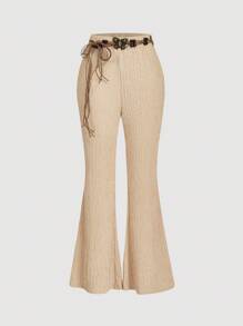 SHEIN MOD Nomadic Texture Retro Waist Belt Flare Leg Pants - Apricot - View 1