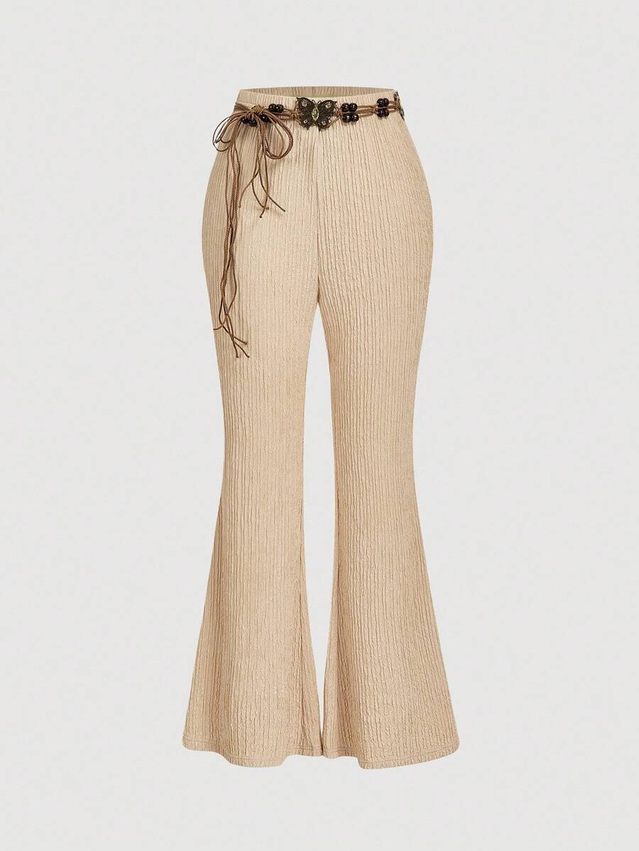 SHEIN MOD Nomadic Texture Retro Waist Belt Flare Leg Pants - Apricot - View 1