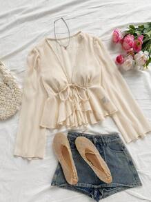 Soleia V领系腰简约纯色荷叶边休闲女式衬衫 - 杏色 - 查看 4