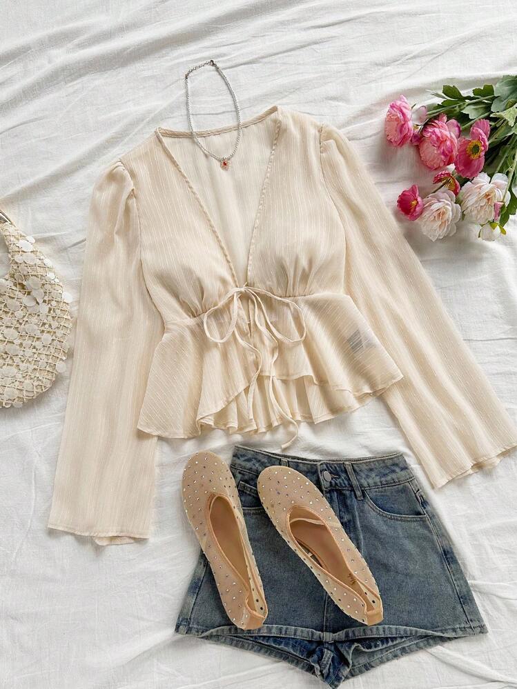 SHEIN WYWH V-Ausschnitt mit Krawatte Taille einfache unifarbene Peplum Lässig Damen Bluse - Aprikosenfarben - Übersicht 4