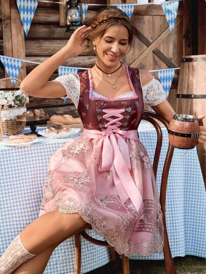 SHEIN Frenchy Elegant, Sophisticated Burgundy Vintage Sleeveless Slimming Satin Mini Dress, German Traditional Dress, Bavarian Style Dress, Slimming Outfit For Beer Festival Parties, Dirndl Women Bavarian Dress, Women's Vintage Embroidered Contrast Sleeveless Dress Women Vintage Lace-Up Tie Waist Dress Ladies' Square Neck Belted Allover Print Sweet Pleated Dress Dirndl Oktoberfest Festival, Pink Dirndl Dress, Pink Sundress For Women, Tea Party Dress Christmas Summer New Year Evening Dress