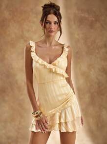 SHEIN BAE Váy không tay hở vai cổ chữ V sâu gợi cảm màu vàng bơ cho nữ, váy màu vàng, váy đi nghỉ, váy tốt nghiệp, váy phù dâu, xuân/hè - Màu vàng - Xem 4