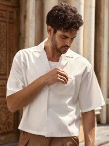 HIMLAND Men's Casual Loose Drop Sleeve Band Collar Short Sleeve Shirt Men Summer White Shirt Men Summer Wear For Men Resort Wear White Beach For Men Europe Summer For Men Greece Vacation Men White Summer Shirt Men Vacation Shirt Beach For Men White Men Italy Vacation - White - View 4