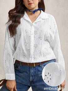 SHEIN LUNE Große Größen Urlaub Casual Einfarbig Hollow-Out Stickerei Shirt Herbst Damen Kleidung Schulkleidung Stockholm Stil Country Outfits Damen Vintage Kleidung Damen Lehrer Outfits für Frauen Alle Weiß - Weiss - Übersicht 9