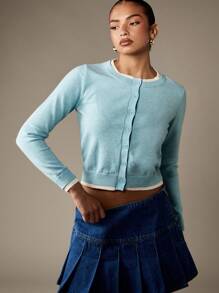 MISSGUIDED Classic Button Front Cropped Cardigan Retro Preppy Style Layered Trim Knit Sweater Y2K Fashion Fall Winter Slim Fit Knitwear - Blue - View 4