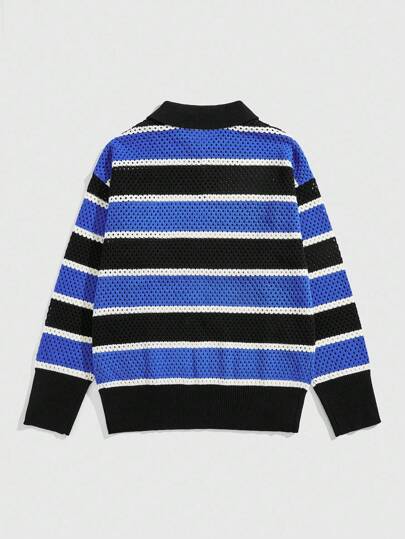 Street Life Suéter de manga larga de corte holgado con cuello polo, estilo casual de calle con patrón de rayas de contraste, estilo varsity para hombres