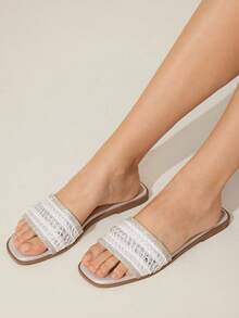 CUCCOO CHICEST Women's Sparkling Crystal Woven Square Toe Flat Sandals, Elegant & Comfortable, White/Silver/Metallic, Suitable For Spring/Summer, Casual, Afternoon Tea, Date, Holiday, Beach, Halloween - White - View 4