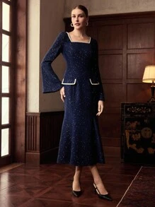 ZEYLAH Square Neck Ribbon Tweed Long Elegant Dress, Autumn/Winter - Navy Blue - View 4