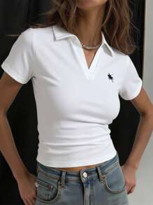 Siren Gaze 2025 Summer Outfits For Women: White Polo Shirt - Old Money Aesthetic Business Casual & Festival Ready, Turndown Collar Ruffle Waist Knight Print Top, Easter Styles Boho Chic Airport Travel T-Shirt - White - View 1