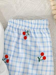 SHEIN 两件套女童圆领刺绣樱桃图案弹力腰格纹条纹樱桃休闲套装，长袖上衣和喇叭裤，秋冬款 - 彩色 - 查看 7