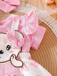 SHEIN Vintaside Kids 女婴红色可爱小熊连体衣配吊带裙 - 粉色 - 查看 6