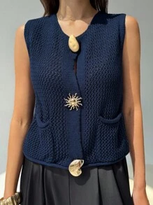 Aloruh New Arrival Autumn Round Neck Sleeveless Metal Button Decor Chunky Knit Cardigan Vest Top - Navy Blue - View 3