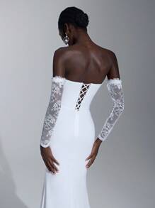 Elitara 优雅奢华蕾丝贴花网眼美人鱼长裙，带拖尾，适合婚礼、派对、度假、舞会、新娘 - 白色 - 查看 5