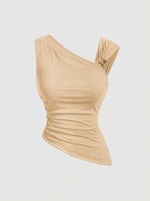 SHEIN MOD Asymmetric Metal Buckle Apricot Women T-Shirt - Apricot - View 1