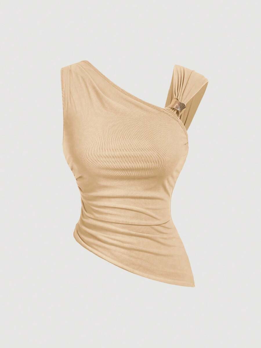 SHEIN MOD Asymmetric Metal Buckle Apricot Women T-Shirt - Apricot - View 1