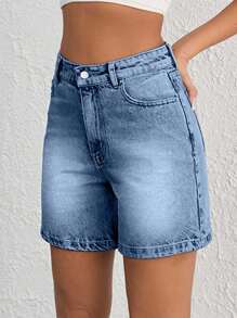 EURMUSE WOMEN VINTAGE WASH HIGH WAIST DENIM SHORT Y2K STYLE - Baby Blue - View 3
