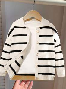 SHEIN 1 pièce Cardigan rayé à manches longues style coréen décontracté pour jeunes garçons, convient pour l'école, les vacances, les saisons d'automne et d'hiver