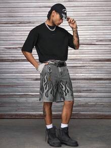 AXEPEAK 男士夏季时尚水钻装饰牛仔短裤，Emo 风格 - 灰色 - 查看 7