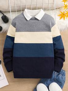 男童休闲撞色条纹针织圆领套头毛衣，秋冬季上衣 - 霧霾藍 - 查看 7