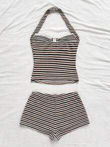Soleia Set de top halter y shorts con patrón de rayas para mujer, 2 piezas - Multicolor - Ver 2