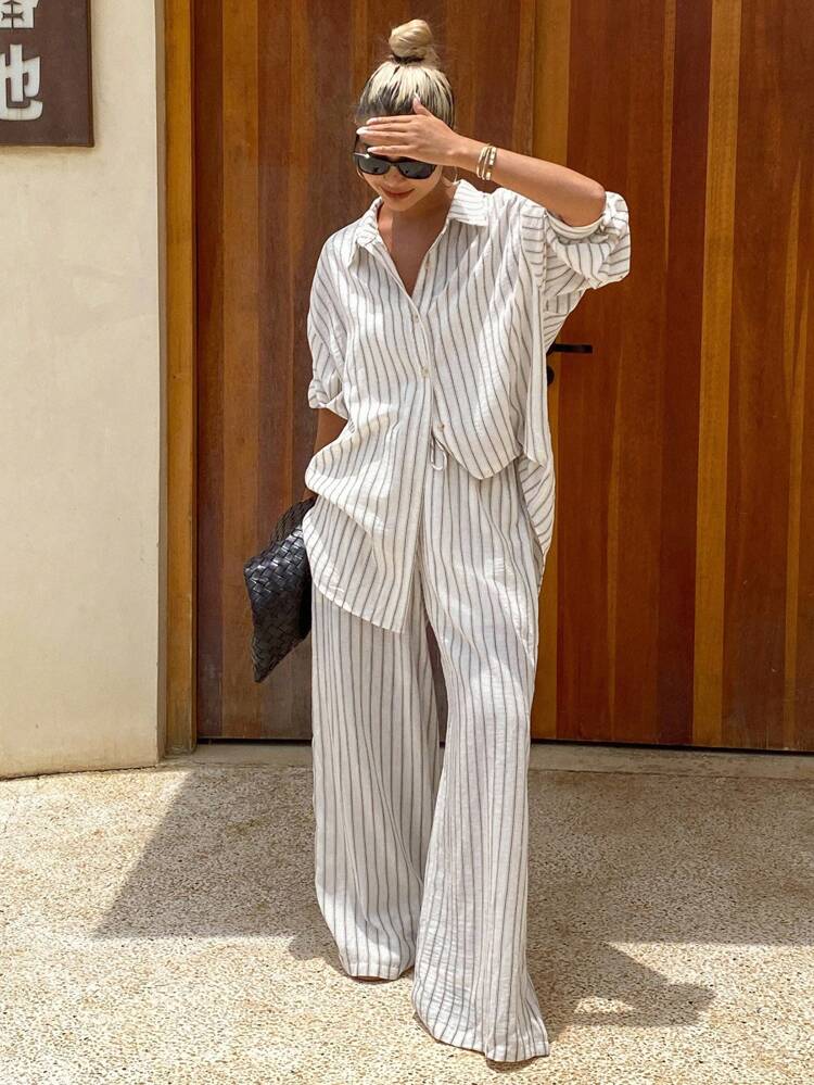 Women's Casual Striped Long Sleeve Shirt With Loose Fit Pants, 2 Pieces Set Lounge Sets For Women