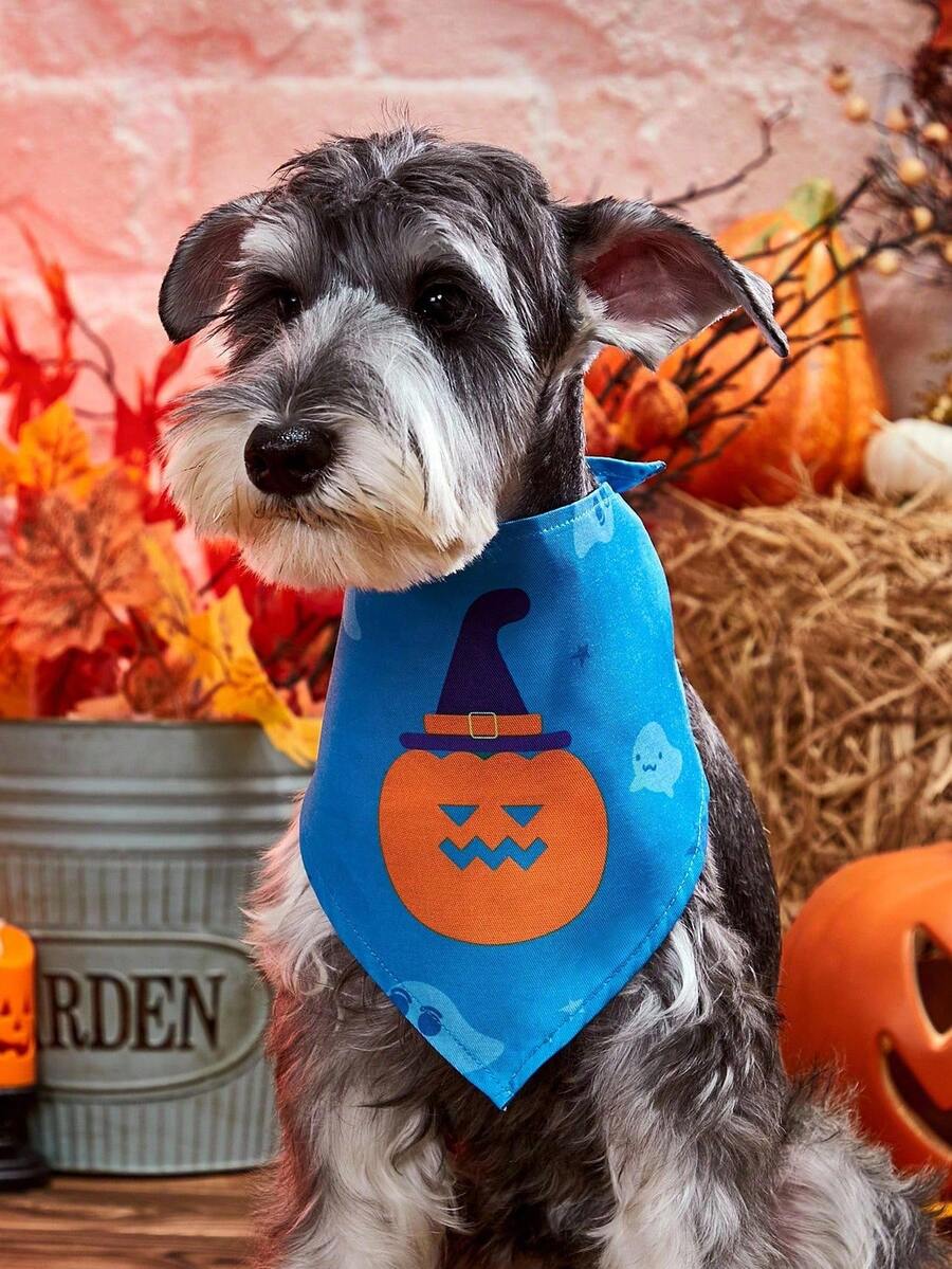 PETSIN 1pc Halloween Pumpkin Print Funny Pet Bandana, Cat Scarf, Dog Triangle Scarf, Small/Medium Pet Bib, Halloween Novelty Accessory & Daily Decor - Blue - View 1
