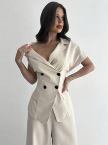 Firerie 女士休闲简约通勤时尚新款不对称露肩双排扣短袖薄款西装外套和高腰阔腿长裤杏色两件套，女士夏季办公室服装，毕业礼服，毕业，女士教师服装，秋冬返校 - 杏色 - 查看 5