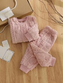 女婴柔软舒适毛绒面料长袖上衣和裤子家居服，粉色 - 粉色 - 查看 1