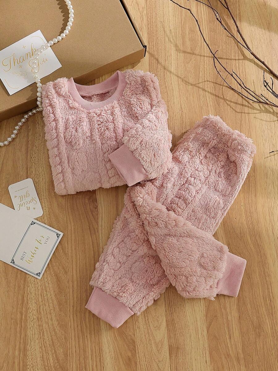 女婴柔软舒适毛绒面料长袖上衣和裤子家居服，粉色 - 粉色 - 查看 1