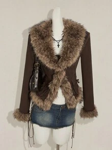 SHEIN ICON Women's Autumn And Winter Warm Hot Girl Y2K Millennial Style Fashionable Sexy Modern Urban Street Avant-Garde Brown Woven Splicing Fur Collar Waist Three-Dimensional Pocket Jacket - Brown - View 6