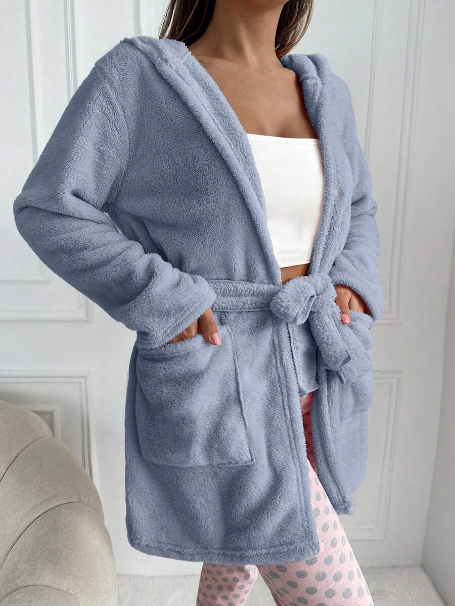 EURMUSE Heart Embroidery Hooded Belted Flannel Sleep Robe - Blue - View 1