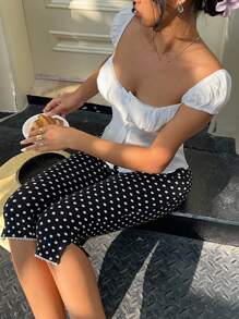 MainGRL Women Casual Capris Polka Dot Print Slim Fit Shorts,Going Out Outfits,Back To School Clothes, - Black and White - View 5