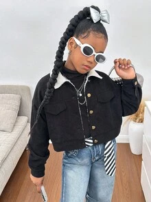 SHEIN Tween Girls' Black & White Contrast Fuzzy Jacket, Comfortable Casual Fashion Versatile Outerwear,In Fall/Winter