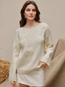 Anewsta Áo len dệt kim thêu hạt thời trang thu đông cho nữ, áo chui đầu họa tiết hoa 3D dáng rộng, áo khoác ngoài thanh lịch - trắng - Xem 7