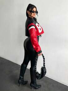 SHEIN SXY Damen Lässig Kontrast Farbige Numerisches Muster Kurze Jacke