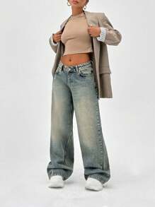 EURMUSE 100% Cotton LOW RISE WIDELEG CUT VINTAGE WASH Y2K BAGGY JEANS PETITE - Medium Wash - View 3