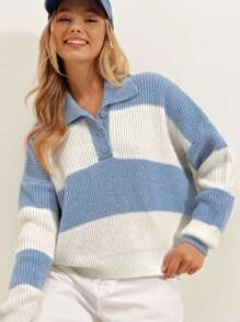 RueChic Colourblock Drop Shoulder Ribbed Knit Jumper - Blue and White - View 5